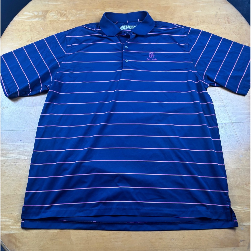 Donald Ross East Lake Golf Club Polo Shirt Mens XL Navy Blue Pink Striped Sport